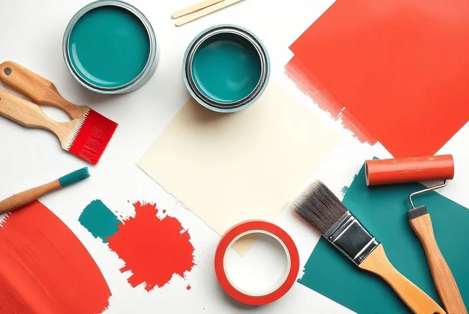 Pots de peinture, nuancier, brosses et rouleaux disposés à plat