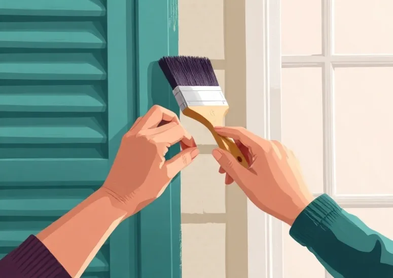 Mise en peinture au pinceau de volets et d'encadrements en bois