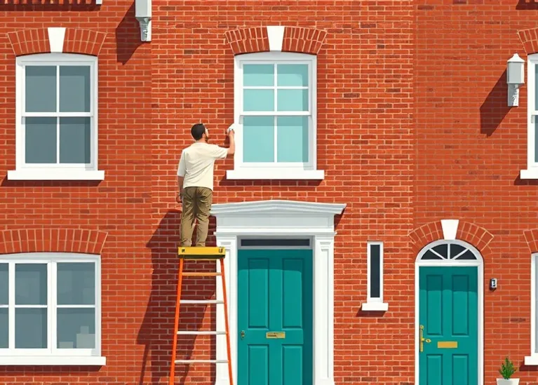 Peintre sur échafaudage traitant la façade d'une maison