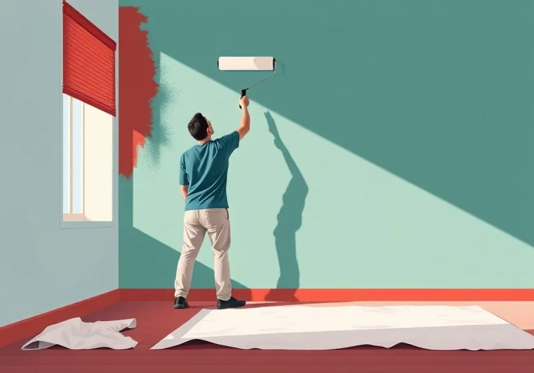 Peintre appliquant la peinture au rouleau sur un mur de salon